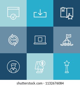 Modern, simple vector icon set on colorful blue backgrounds with interior, open, electricity, education, web, buoy, page, water, approve, light, operator, safety, internet, sign, help, website icons