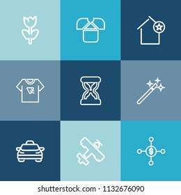 Modern, simple vector icon set on colorful blue backgrounds with magic, summer, business, transportation, vehicle, nature, petal, time, sand, car, favorite, spring, cotton, hour, blossom, house icons
