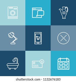 Modern, simple vector icon set on colorful blue backgrounds with sign, electricity, website, equipment, day, time, calendar, jug, decorative, white, light, bathroom, schedule, vase, lamp, sack icons