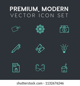 Modern, simple vector icon set on dark grey background with travel, spy, web, education, building, boat, home, money, shopping, currency, write, market, vision, sun, house, tag, nautical, pencil icons