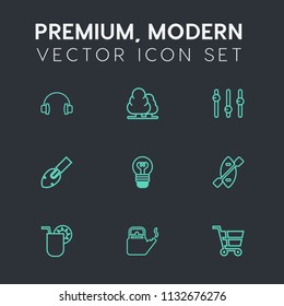 Modern, simple vector icon set on dark grey background with water, lamp, bulb, trolley, electricity, retail, earphone, oar, drink, technology, shop, construction, summer, shovel, plant, hot icons