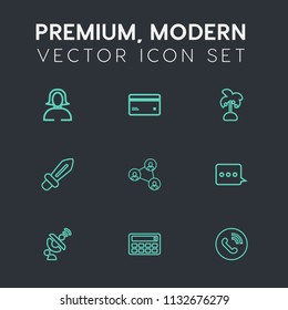Modern, simple vector icon set on dark grey background with circle, beauty, girl, global, woman, portrait, blade, face, message, leaf, medieval, communication, button, palm, screen, payment, buy icons