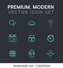 Modern, simple vector icon set on dark grey background with wind, moonlight, cooler, house, washer, parachuting, background, extreme, skydiving, clean, place, electric, home, bucket, machine icons