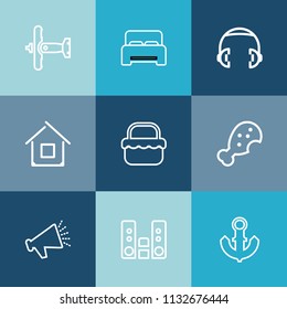 Modern, simple vector icon set on colorful blue backgrounds with picnic, fly, air, architecture, listen, play, furniture, estate, sea, double, hotel, interior, flight, loudspeaker, nautical, bed icons