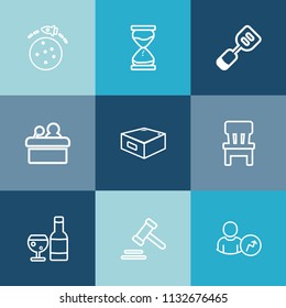 Modern, simple vector icon set on colorful blue backgrounds with conference, comfortable, interior, public, wine, account, clock, watch, sand, lawyer, rocket, law, hourglass, glass, drink, timer icons