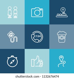 Modern, simple vector icon set on colorful blue backgrounds with digital, direction, fun, north, happy, road, drink, cafe, kite, sky, girl, arrow, operator, joy, coffee, people, hand, button, up icons