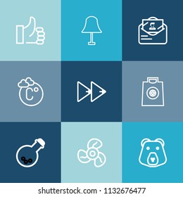 Modern, simple vector icon set on colorful blue backgrounds with fan, sale, buy, sign, cool, fahrenheit, tool, thermometer, medicine, scale, post, grizzly, gift, mail, temperature, ventilator icons