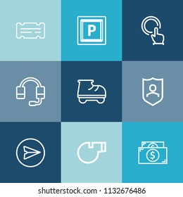 Modern, simple vector icon set on colorful blue backgrounds with protect, shield, cash, headset, technology, communication, paper, street, hand, call, roller, web, money, protection, whistle icons