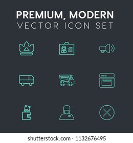 Modern, simple vector icon set on dark grey background with crown, luxury, queen, internet, close, profile, hotel, speed, truck, uniform, people, loud, equipment, road, bellhop, megaphone, oven icons