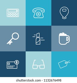 Modern, simple vector icon set on colorful blue backgrounds with drink, sign, pin, door, accounting, lipstick, fashion, eyeglasses, coffee, button, location, marker, mathematics, tag, eye, cafe icons