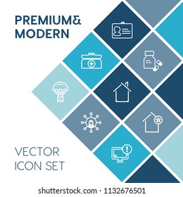 Modern, simple vector icon set on blue colorful background with jump, technology, identity, help, first, extreme, business, identification, home, cross, card, document, parachuting, security, id icons