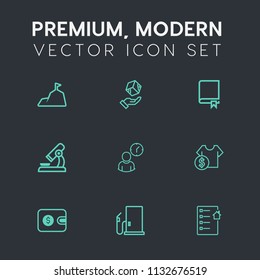 Modern, simple vector icon set on dark grey background with sale, work, mountain, business, hill, package, clock, cash, hour, delivery, panorama, library, box, cargo, purse, laboratory, research icons