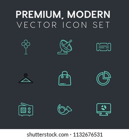 Modern, simple vector icon set on dark grey background with wind, communication, satellite, trumpet, business, technology, entertainment, air, internet, jazz, infographic, paper, coupon, pie icons