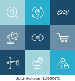 Modern, simple vector icon set on colorful blue backgrounds with white, sport, aircraft, carnival, mask, real, technology, business, construction, building, war, trolley, celebration, workout icons