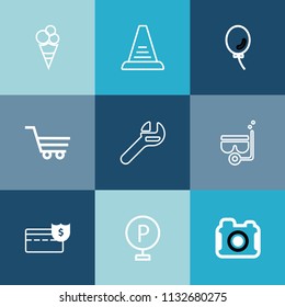 Modern, simple vector icon set on colorful blue backgrounds with ice, tool, dessert, wrench, photographer, vehicle, cart, coin, repair, lot, staircase, business, equipment, food, photography, up icons