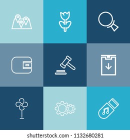 Modern, simple vector icon set on colorful blue backgrounds with cooler, magnifier, find, map, money, gps, download, music, travel, road, business, magnifying, search, pin, spring, electric, law icons