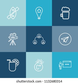 Modern, Simple Vector Icon Set On Colorful Blue Backgrounds With Business, Canoe, Pin, Temperature, Bar, Paddle, Map, Structure, Thermometer, Water, Pub, Drink, Boat, Location, Sport, Camera, Go Icons