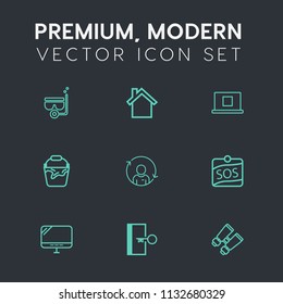 Modern, simple vector icon set on dark grey background with phone, telephone, person, quality, communication, snorkeling, sign, sport, user, door, profile, computer, search, label, home, spy, pc icons