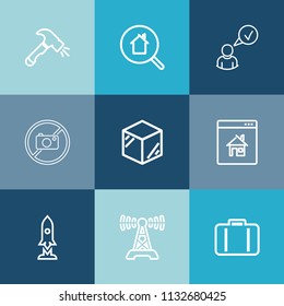 Modern, simple vector icon set on colorful blue backgrounds with baggage, photo, rocket, luggage, website, internet, hammer, photography, technology, package, spaceship, space, sign, screwdriver icons