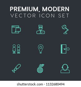 Modern, simple vector icon set on dark grey background with user, standing, illumination, electric, map, girl, web, people, power, fire, message, door, light, chat, modern, escape, business, boy icons