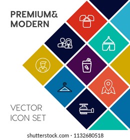 Modern, simple vector icon set on colorful flat background with transportation, glass, business, team, drink, clothing, clothes, camp, work, boy, adventure, tshirt, travel, tourism, transport icons
