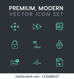 Modern, simple vector icon set on dark grey background with media, button, sound, banking, surfer, safe, supermarket, music, forward, boat, ocean, currency, rewind, play, security, list, ship icons