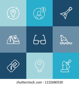 Modern, simple vector icon set on colorful blue backgrounds with communication, bottle, web, music, concept, space, white, liquid, clean, eyeglasses, construction, roof, house, sign, drink, row icons