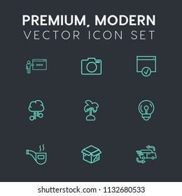 Modern, simple vector icon set on dark grey background with concept, fast, electric, retro, internet, unpacking, summer, business, delivery, bulb, electricity, new, website, tropical, equipment icons