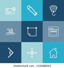 Modern, simple vector icon set on colorful blue backgrounds with money, card, credit, purchase, building, finance, business, pool, bank, sport, blue, kitchen, house, home, game, recreation, wood icons