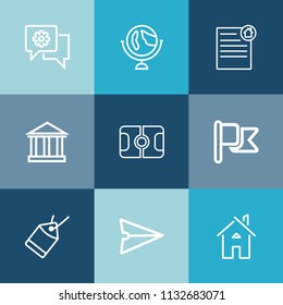 Modern, simple vector icon set on colorful blue backgrounds with architecture, house, global, sale, world, earth, greece, sky, communication, real, home, europe, contract, soccer, web, building icons
