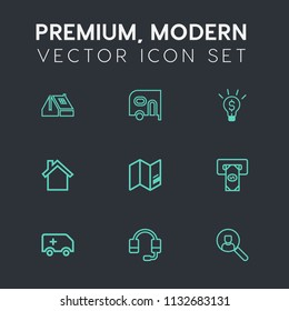Modern, simple vector icon set on dark grey background with transportation, exterior, mobile, transport, world, cargo, web, bank, roofing, ambulance, telephone, truck, business, travel, map, atm icons