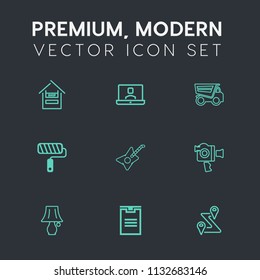 Modern, simple vector icon set on dark grey background with location, shop, video, technology, roller, guitar, lamp, route, bulb, navigation, tipper, grocery, handle, communication, box, tool icons