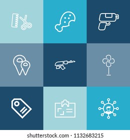 Modern, simple vector icon set on colorful blue backgrounds with tag, screen, ventilator, pin, air, machine, scissors, travel, professional, label, price, salon, fan, stylist, card, display, gun icons