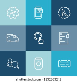 Modern, simple vector icon set on colorful blue backgrounds with aluminum, entertainment, tag, finger, internet, can, phone, mail, button, online, sale, web, price, sign, ticket, transportation icons