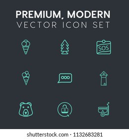 Modern, simple vector icon set on dark grey background with pine, animal, security, button, sea, lock, grizzly, label, landmark, wood, europe, sos, tower, water, snorkel, unlock, message, cold icons