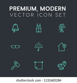 Modern, simple vector icon set on dark grey background with white, sunglasses, protection, alarm, owner, map, axe, uniform, video, tool, jacket, clothing, route, house, glasses, road, work, bell icons