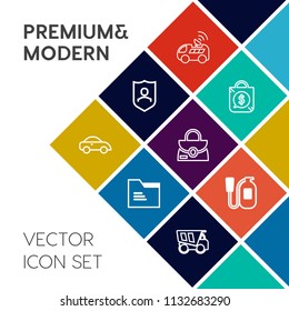 Modern, simple vector icon set on colorful flat background with safety, shop, gps, tipper, sale, file, road, equipment, fire, guard, office, folder, paper, satellite, fashion, discount, object icons