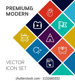 Modern, simple vector icon set on colorful flat background with lens, camera, butterfly, usa, market, nation, thermometer, supermarket, sky, night, weather, technology, shopping, moon, wing, bed icons