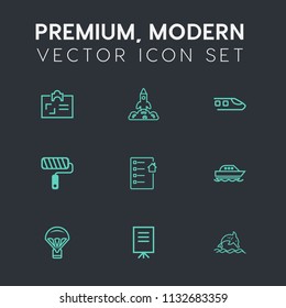 Modern, simple vector icon set on dark grey background with dolphin, businessman, railway, exploration, train, roll, meeting, real, technology, tool, card, sky, space, id, estate, transport, sea icons