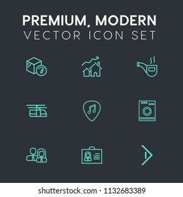 Modern, simple vector icon set on dark grey background with button, people, real, housework, appliance, guitar, musical, arrow, shipping, home, right, transportation, team, retro, service, house icons