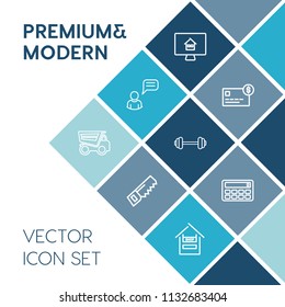 Modern, simple vector icon set on blue colorful background with exercise, money, property, workout, food, hammer, purchase, truck, dump, online, card, computer, supermarket, chat, finance, sport icons