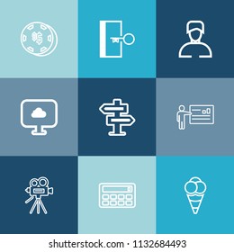 Modern, simple vector icon set on colorful blue backgrounds with tripod, presentation, movie, businessman, button, cloud, dont, risk, man, casual, ball, chip, dessert, ice, poker, game, young icons