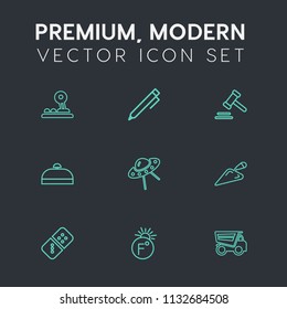Modern, simple vector icon set on dark grey background with button, paper, drawing, dump, shovel, web, truck, legal, school, pencil, space, vehicle, scale, law, domino, computer, bag, spacecraft icons