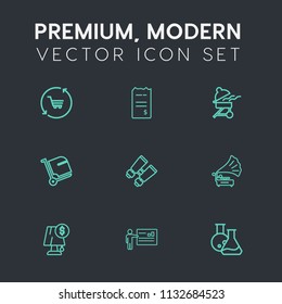 Modern, simple vector icon set on dark grey background with financial, search, cart, cooking, vintage, retro, laboratory, meeting, travel, record, barbecue, paper, vision, electricity, shop, bbq icons