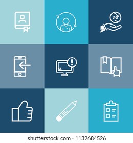 Modern, simple vector icon set on colorful blue backgrounds with management, investment, notebook, computer, man, cash, concept, list, transfer, note, web, rotation, pen, click, person, mark icons