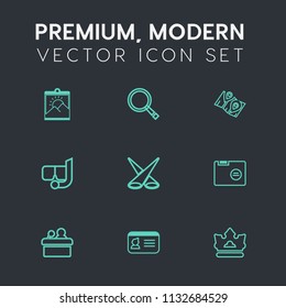Modern, simple vector icon set on dark grey background with identity, sea, summer, office, map, name, border, public, mask, meeting, glass, magnifying, crown, folder, light, search, photo, paper icons