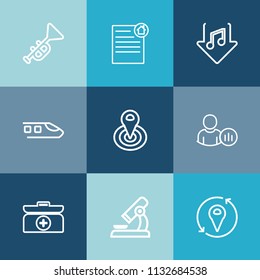 Modern, simple vector icon set on colorful blue backgrounds with instrument, agent, social, internet, profile, center, house, cross, biology, status, mortgage, online, bugle, download, jazz, kit icons