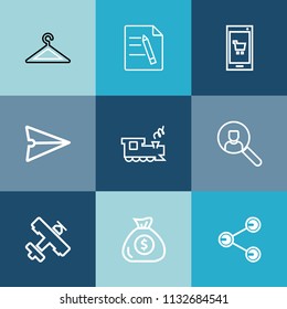 Modern, simple vector icon set on colorful blue backgrounds with train, paper, email, flight, web, fashion, internet, app, contract, banking, airplane, hanger, transportation, financial, hand icons