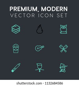 Modern, simple vector icon set on dark grey background with drink, data, canoe, coffee, medal, pencil, organic, cafe, gold, winner, paddle, fresh, concept, pear, musical, white, grill, food, cup icons