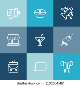 Modern, simple vector icon set on colorful blue backgrounds with aircraft, speaker, star, night, announce, astronomy, fashion, music, white, boat, announcement, telescope, style, megaphone, loud icons